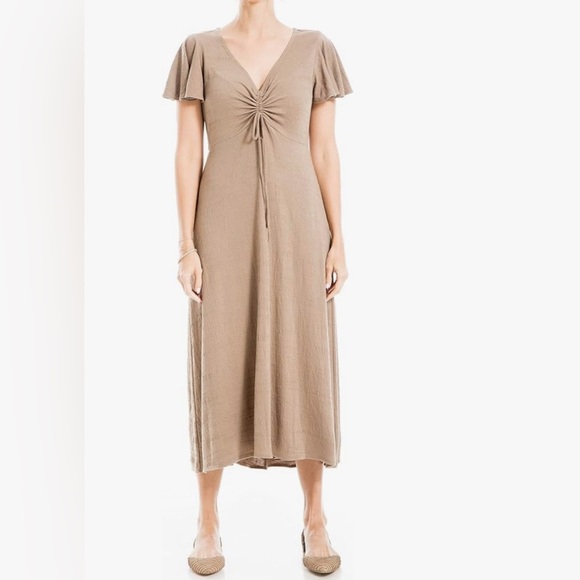 Max Studio Tan Flutter Sleeve Midi Dress for Casual Wear - Picture 1 of 7